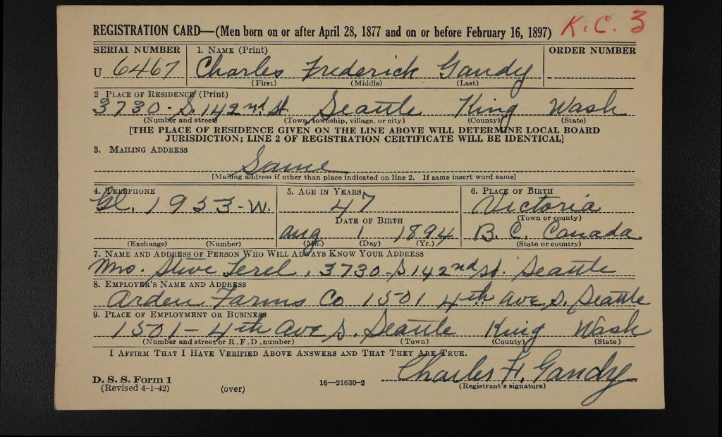 Draft Card Charles Frederick Gandy